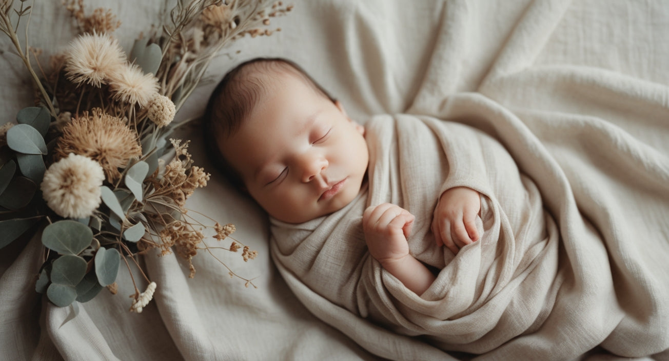 Baby slaapt in een neutraal zacht katoenen dekentje