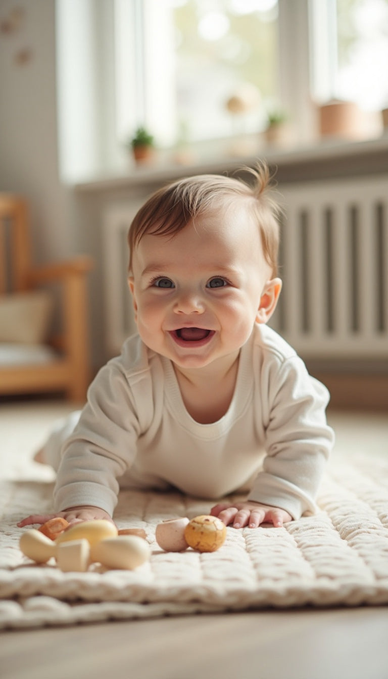 Spelende baby met houten speelgoed op een speelkleedje