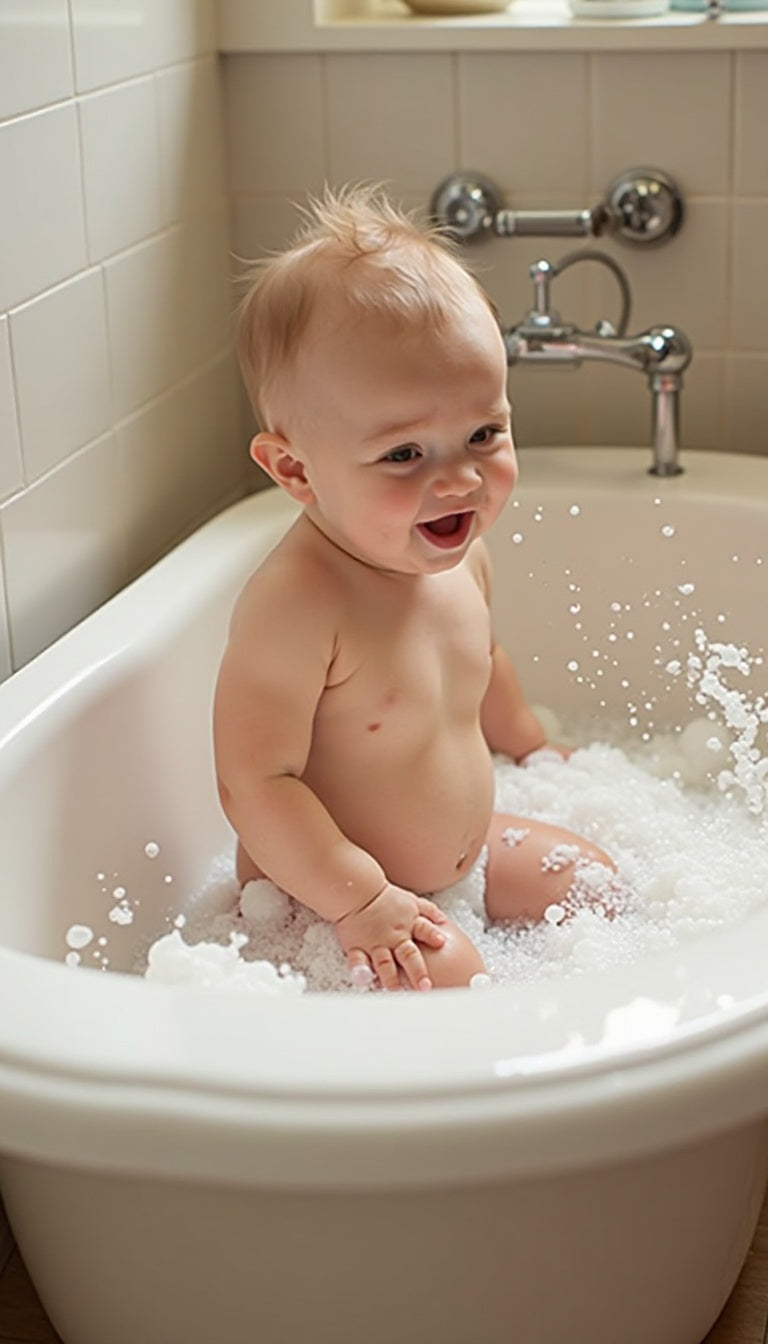 Baby in een badje met badschuim