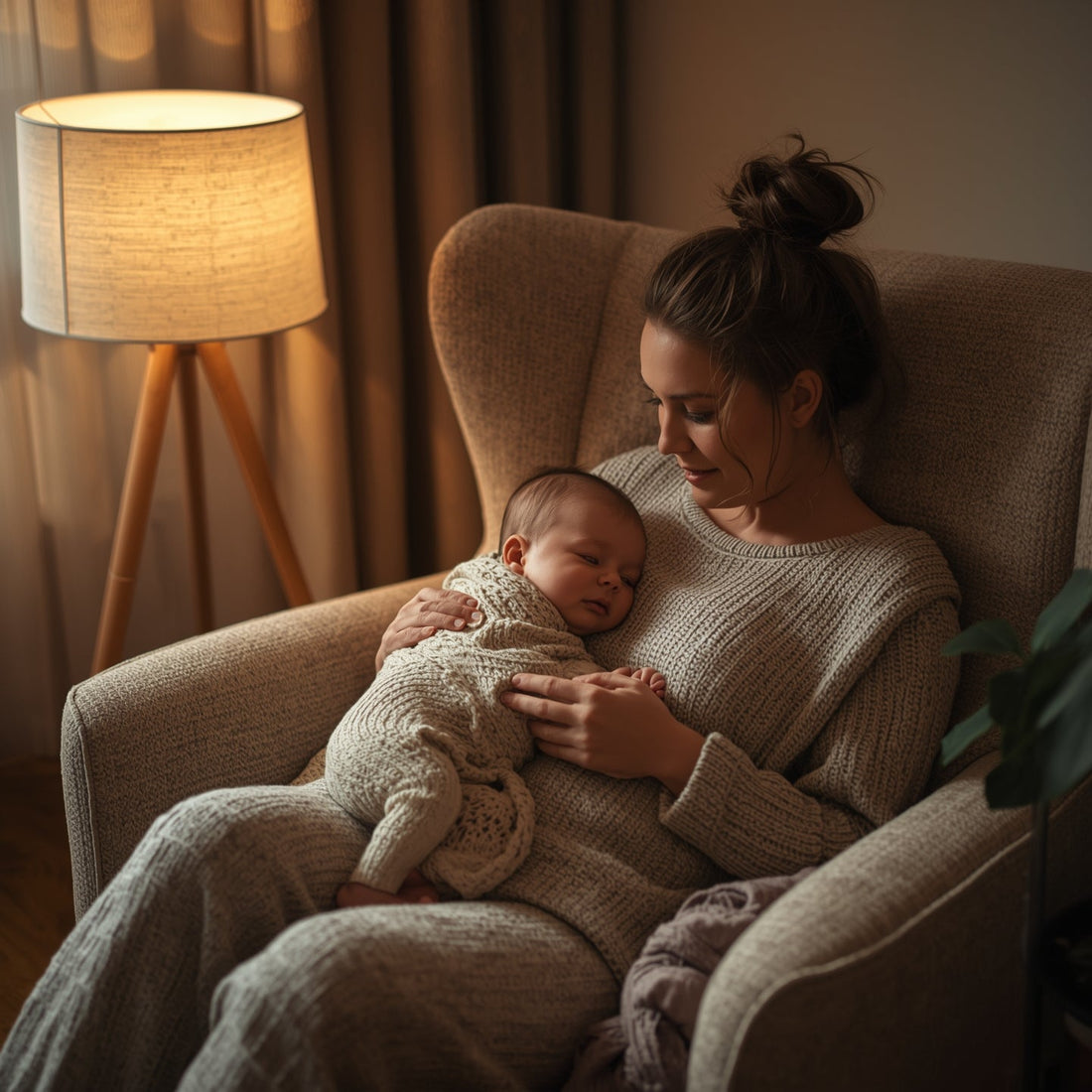 moeder en baby zitten in op een stoel in een knus hoekje