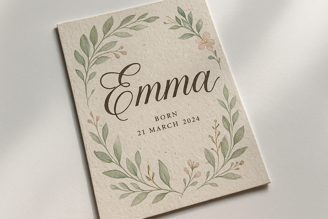 Geboortekaartje met sierlijke lettertype “Emma” op eco-papier, omlijst door botanische illustraties en foliedruk-accenten.