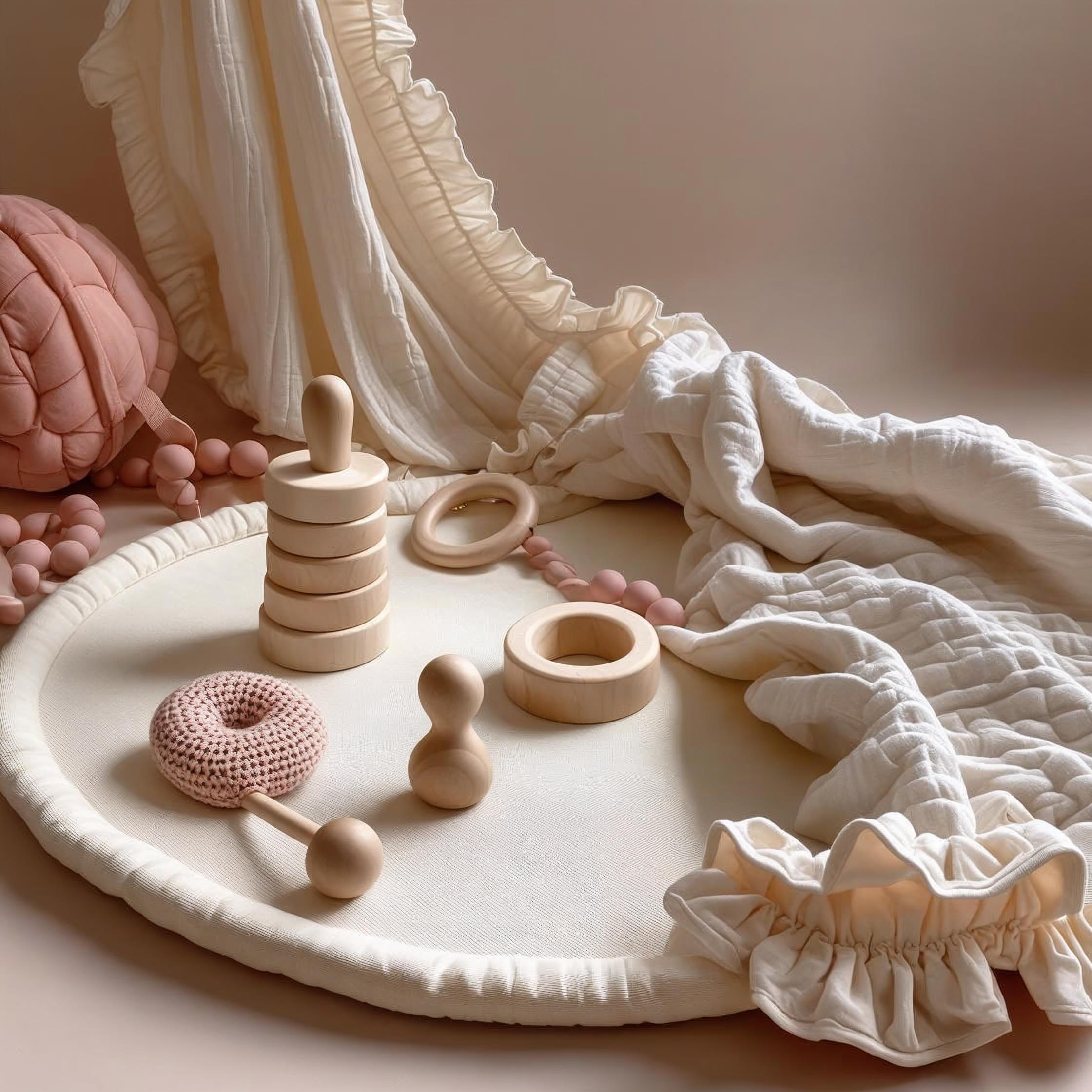 rond speelkleed met babyaccessoires en speelgoed, een katoenen mousseline deken met ruches.. 