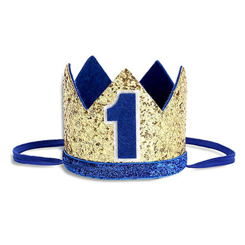 Verjaardags-set voor 1ste verjaardag blauw, goud en jute kleuren, gouden kroon met een blauwe vilten 1 en elastiek