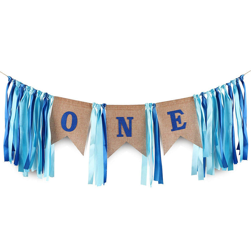 Verjaardags-set voor 1ste verjaardag blauw, goud en jute kleuren, slingers met vlaggetjes