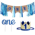 Verjaardagsset voor 1ste verjaardag blauw, goud en jute kleuren