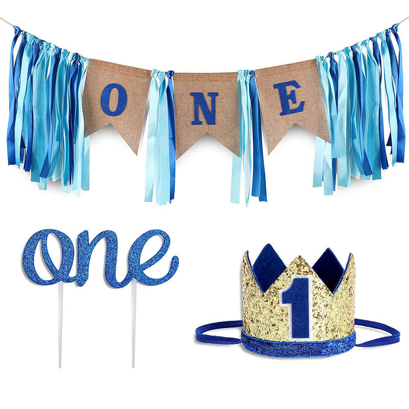 Verjaardagsset voor 1ste verjaardag blauw, goud en jute kleuren