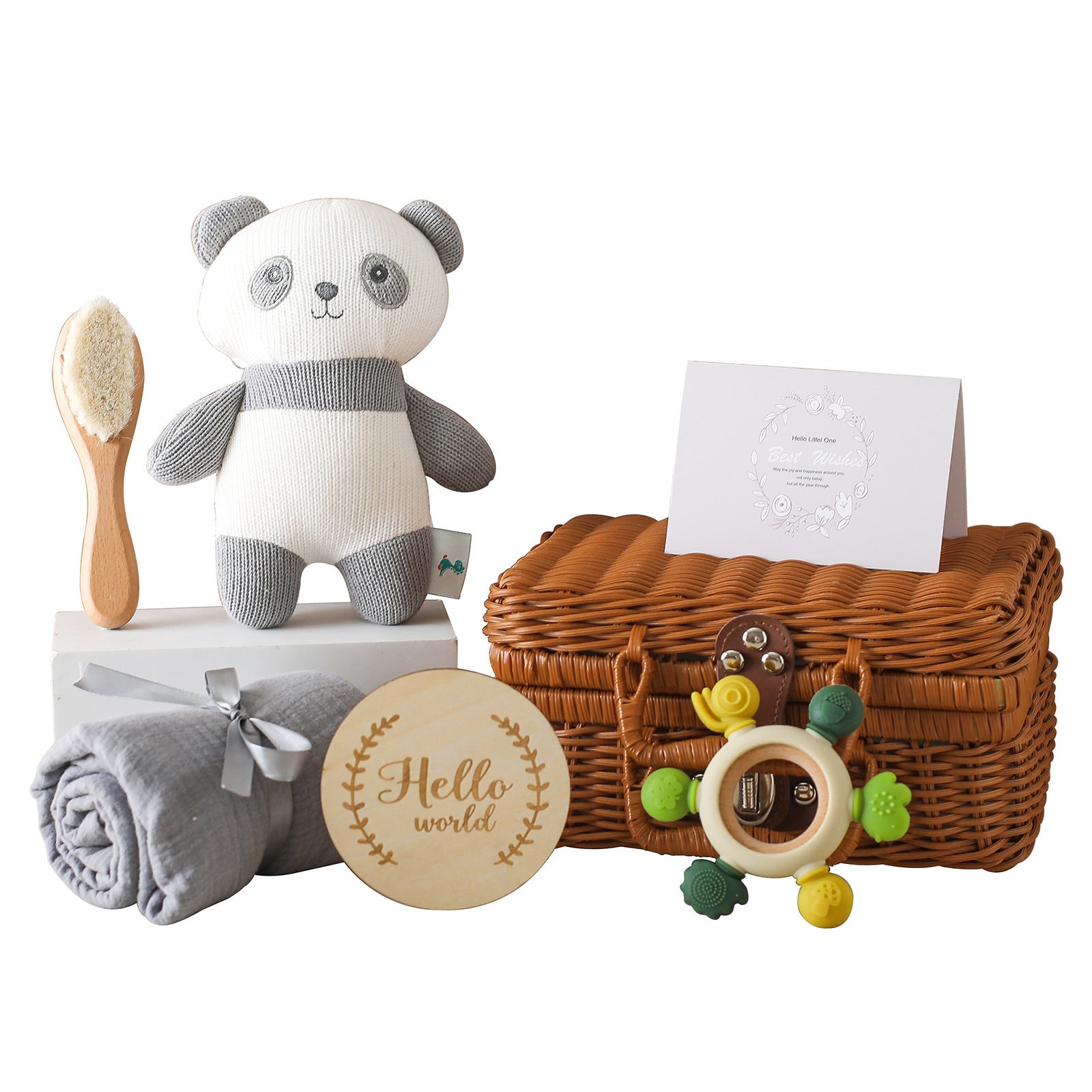 kraam cadeaustet panda, bijtring, hydrofiele doek, zachte borstel, houten mijlpaalkaart "hello world"