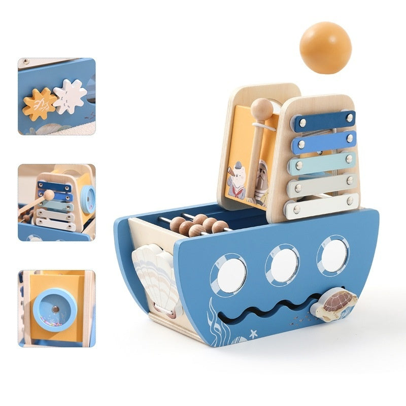 Multifunctionele 5-in-1 houten activiteiten boot, draaien, gooien, rammelen, tikken, geluid maken
