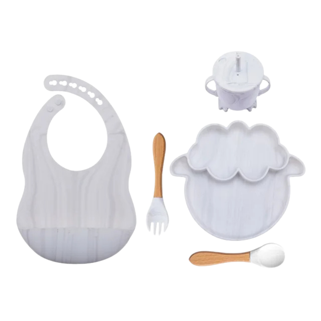 Complete 5-delige Baby Eetset "schaap" van Siliconen – Voor Plezierige, Schone & Stressvrije Maaltijden