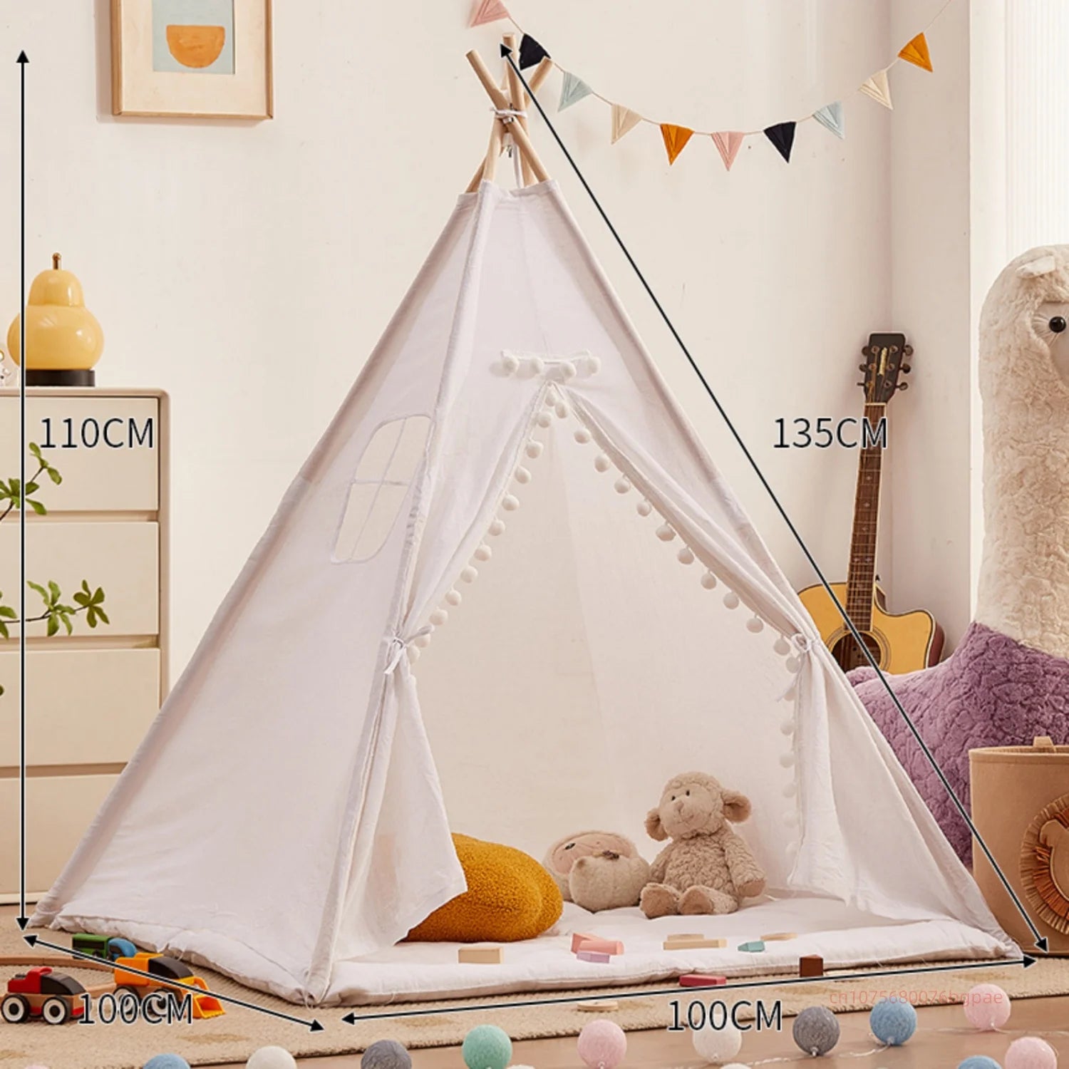 Speeltent Tipi voor binnenspelen - Met witte pompoms decoratie
