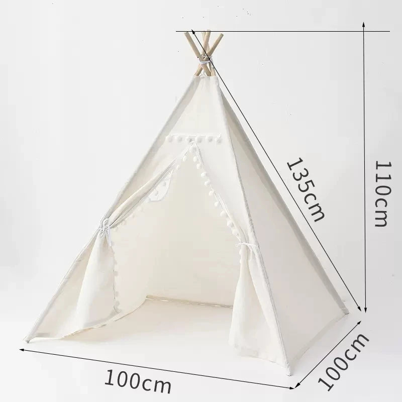 Speeltent Tipi voor binnenspelen - Met witte pompoms decoratie
