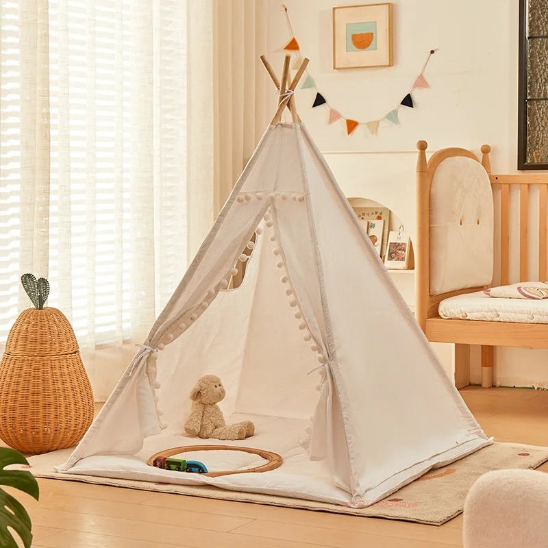 Speeltent Tipi voor binnenspelen - Met witte pompoms decoratie