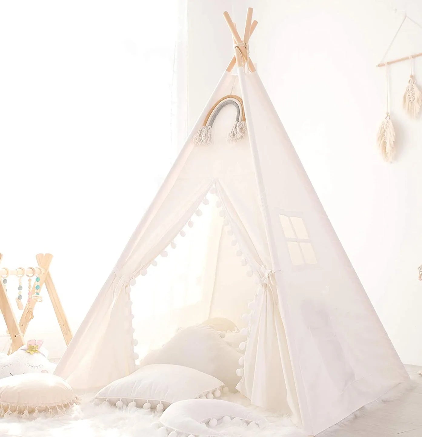 Speeltent Tipi voor binnenspelen - Met witte pompoms decoratie