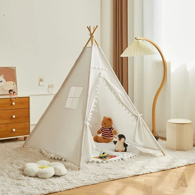 Speeltent Tipi voor binnenspelen - Met witte pompoms decoratie