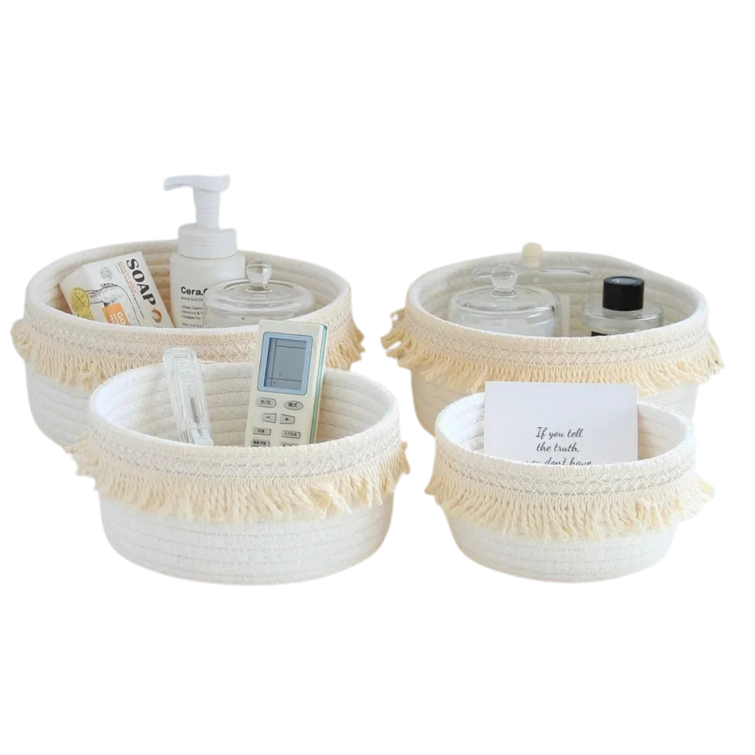 Katoenen Opbergmand met decoratieve rand – De Multifunctionele Organisator voor babyspulletjes op de commode