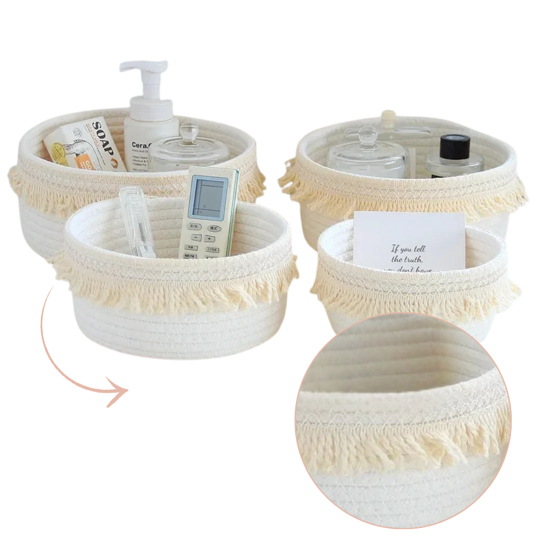 Katoenen Opbergmand met decoratieve rand – De Multifunctionele Organisator voor babyspulletjes op de commode